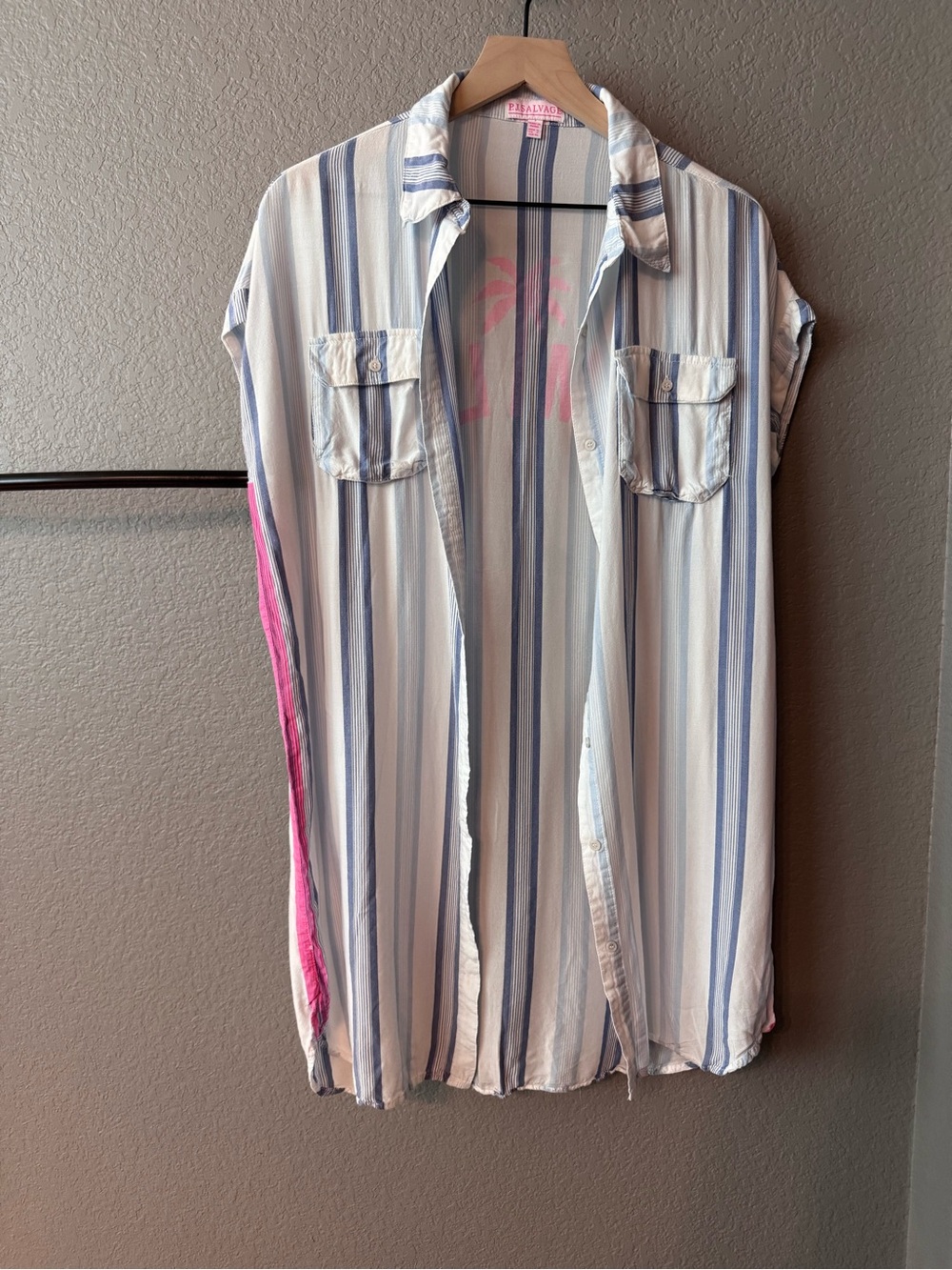 P.J. Salvage Blue White Striped Shirt Dress Kimono Cover Up Pink Palm Smile S